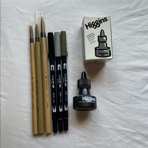 Calligraphy brushes, ink and pens